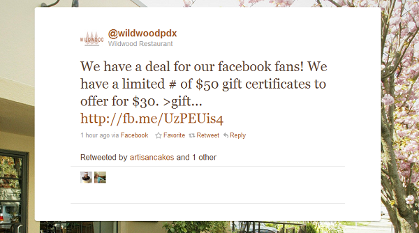 Wildwood in Portland is trying a do-it-yourself Groupon with its Twitter and Facebook followers.