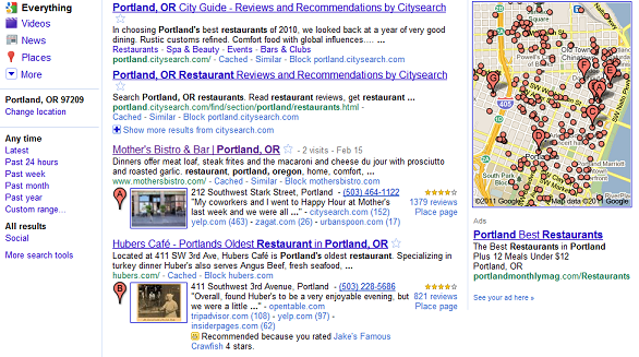 Hotpot recommendations in Google search results.