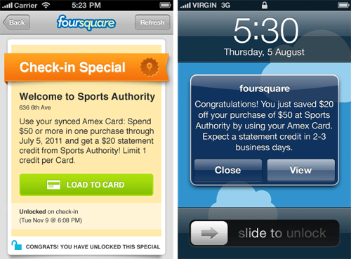 Screenshots from foursquare's AMEX integration