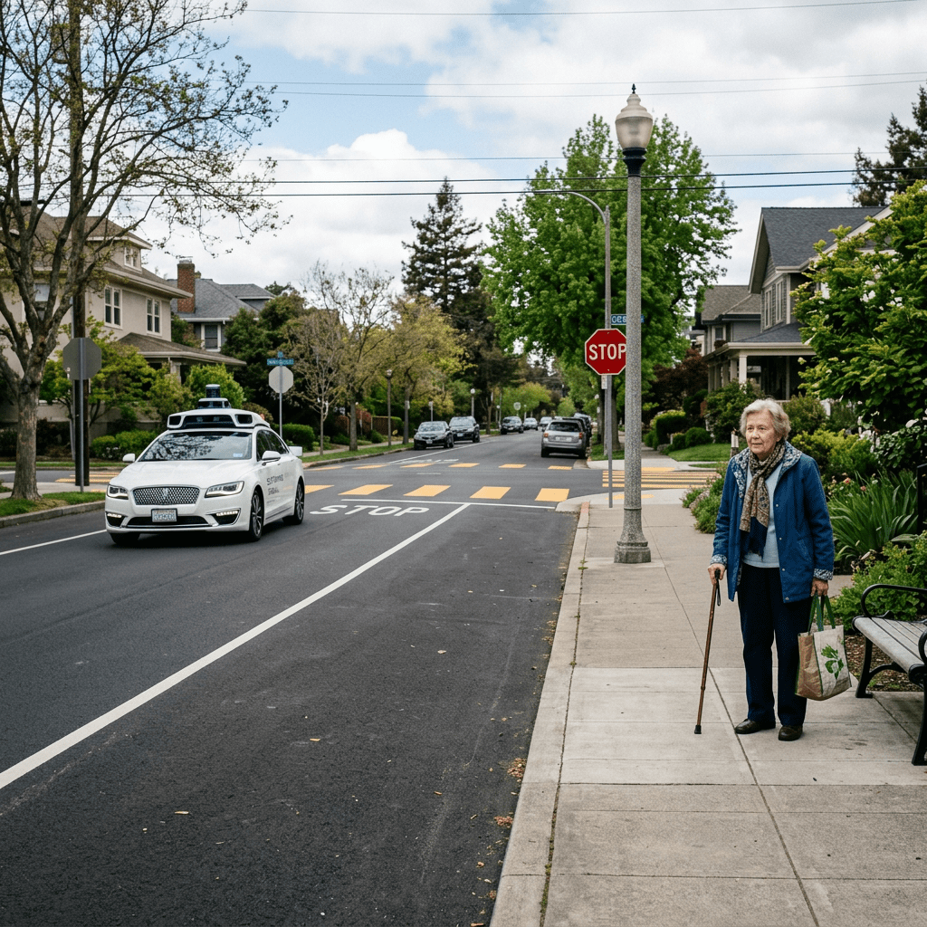 Elderly woman with cane standing on sidewalk near crosswalk as autonomous car approaches stop sign